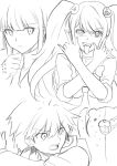  1boy 2girls ahoge bear_hair_ornament blunt_bangs bow collared_shirt d: danganronpa:_trigger_happy_havoc danganronpa_(series) enoshima_junko gloves greyscale hair_ornament hand_up highres karen_(karenendo) kirigiri_kyoko long_hair long_sleeves monochrome monokuma multiple_girls naegi_makoto necktie shirt shirt_bow short_hair sweat teeth twintails 