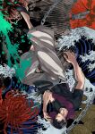 1boy black_background black_footwear black_hair black_shirt chain dagger flower full_body fushiguro_touji gaichu_(user_jchy4338) green_eyes highres jujutsu_kaisen knife looking_at_viewer male_focus monster muscular muscular_male pants red_flower scar scar_on_face shirt shoes short_hair short_sleeves solo spider_lily upside-down waves weapon white_pants 