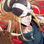  1boy aqua_eyes axl_low bandana black_headwear blonde_hair brown_gloves chain fingerless_gloves gloves grin guilty_gear guilty_gear_strive highres jacket karu_(kei-1989) long_hair looking_at_viewer male_focus red_background red_jacket smile zipper_pull_tab 