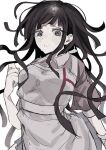  1girl absurdres apron black_hair blush collared_shirt cowboy_shot danganronpa_(series) danganronpa_2:_goodbye_despair grey_apron hand_up highres long_hair mole mole_under_eye pink_shirt sad shirt short_sleeves solo sweat tears teeth tsumiki_mikan two-tone_shirt wa_noko 