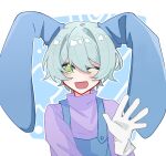  1boy ;d animal_ears blue_hair blue_overalls commentary_request eyes_visible_through_hair gloves green_eyes hair_between_eyes hand_up highres light_blue_hair lingxiankong1 long_sleeves lop_rabbit_ears neko_no_teach-kun no_nose one_eye_closed open_mouth overalls portrait purple_sweater rabbit_boy rabbit_ears sam_(neko_no_teach-kun) sharp_teeth short_hair smile solo sweater teeth white_gloves 