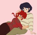  2girls absurdres blue_eyes blush hair_between_eyes highres hug light_smile multiple_girls pink_background plushkaiju ranma-chan ranma_1/2 short_hair simple_background sweater tendou_akane yuri 