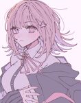  1girl blush collared_shirt danganronpa_(series) danganronpa_2:_goodbye_despair dress_shirt flipped_hair galaga hair_ornament highres jacket long_sleeves looking_at_viewer medium_hair nanami_chiaki neck_ribbon off_shoulder pink_bag pink_eyes ribbon ru-pe_(gstm_0915) shirt simple_background smile solo two-tone_shirt upper_body white_background white_shirt 