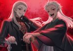  2boys :d akagi:_yami_ni_oritatta_tensai akagi_kurage black_gloves black_jacket black_kimono black_vest blue_eyes cane commentary_request floating_hair forehead gloves grey_hair grey_hakama grin hakama hakama_skirt hyoudou_kazutaka jacket japanese_clothes kimono long_hair long_sleeves looking_at_viewer male_focus multiple_boys open_clothes open_jacket red_eyes red_shirt shirt skirt smile upper_body vest washizu_iwao wide_sleeves 