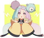  1girl :o blush border bow-shaped_hair character_hair_ornament commentary erua_(_8eru) eyelashes green_hair grey_shirt hair_ornament iono_(pokemon) jacket lightning_bolt_symbol looking_at_viewer multicolored_hair open_mouth pink_eyes pink_hair pokemon pokemon_(game) pokemon_sv shirt sleeveless sleeveless_shirt sleeves_past_fingers sleeves_past_wrists solo two-tone_hair upper_body white_border yellow_background yellow_jacket 