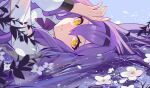  1girl absurdres ai_dongdong black_hairband closed_mouth flower hair_between_eyes hairband highres honkai_(series) honkai_impact_3rd long_hair long_sleeves looking_at_viewer looking_to_the_side partially_submerged purple_hair shirt sirin solo water white_shirt yellow_eyes 