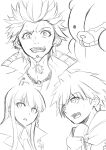  1girl 2boys :d :o ahoge blunt_bangs danganronpa:_trigger_happy_havoc danganronpa_(series) earrings facial_hair goatee greyscale highres hood hoodie jacket jewelry karen_(karenendo) kirigiri_kyoko kuwata_leon long_hair monochrome monokuma multiple_boys naegi_makoto necktie portrait short_hair smile spiky_hair teeth upper_teeth_only 