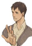  1boy bertolt_hoover collared_shirt cropped_torso hand_up light_blush looking_ahead male_focus nervous_smile open_hand prema-ja shingeki_no_kyojin shirt short_hair smile solo sweater white_background 