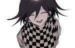  1boy :d black_hair black_scarf checkered_clothes checkered_scarf closed_eyes danganronpa_(series) danganronpa_v3:_killing_harmony facing_viewer flipped_hair grey_jacket grey_scarf hair_between_eyes highres jacket long_sleeves medium_hair oma_kokichi scarf simple_background smile solo teeth upper_teeth_only wa_noko white_background 