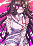  1girl apron artist_name bandaged_arm bandaged_leg bandages bandaid bandaid_on_arm bandaid_on_cheek bandaid_on_face blue_skirt blush brown_hair character_print closed_mouth collared_shirt colored_eyepatch danganronpa_(series) danganronpa_2:_goodbye_despair eyepatch hand_up highres long_hair monokuma pink_background pink_shirt pleated_skirt shirt skirt solo tearing_up tsumiki_mikan two-tone_shirt white_apron white_background white_shirt zui_nianshao 