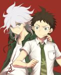  2boys ahoge badge breast_pocket brown_eyes brown_hair closed_mouth danganronpa_(series) danganronpa_2:_goodbye_despair frown green_jacket green_necktie grey_eyes hair_between_eyes highres hinata_hajime ja_gi_(kmhnhiiz) jacket komaeda_nagito male_focus messy_hair multiple_boys necktie open_clothes open_jacket pocket print_shirt red_background shirt short_hair short_sleeves smile spiky_hair upper_body white_hair white_shirt 