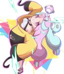  1girl absurdres bow-shaped_hair character_hair_ornament grey_hair grin hair_ornament hexagon_print highres iono_(pokemon) jacket long_hair looking_at_viewer low-tied_long_hair magnemite multicolored_hair oversized_clothes pink_eyes pink_hair pokemon pokemon_(game) pokemon_sv rono_(lethys) sharp_teeth shirt sleeveless sleeveless_shirt sleeves_past_fingers sleeves_past_wrists smile solo split-color_hair teeth twintails two-tone_hair very_long_sleeves x yellow_jacket 