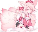  1girl animal_ears antenna_hair back_bow blush bow commission detached_sleeves eip_(pepai) fox_ears fox_girl long_hair multiple_tails no_shoes original pink_eyes pink_hair pink_headwear pink_sleeves skeb_commission solo tail thigh-highs white_thighhighs 