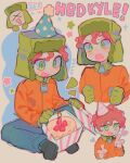  &gt;_&lt; 1boy animification birthday_cake cake child denim english_commentary english_text food gift gloves green_gloves green_headwear happy_birthday hat heart highres jacket jeans kyle_broflovski littlebunniboo male_child male_focus open_mouth orange_jacket pants party_hat redhead south_park 