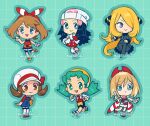  6+girls :d beanie black_hair blonde_hair blue_eyes blush bow_hairband brown_eyes brown_hair chibi commentary cynthia_(pokemon) eyelashes green_background green_eyes green_hair grid_background hair_ornament hairband hat hikari_(pokemon) holding holding_instrument holding_poke_ball instrument irida_(pokemon) kris_(pokemon) long_hair lyra_(pokemon) may_(pokemon) miyaulait multiple_girls open_mouth poke_ball poke_ball_(basic) pokemon pokemon_(game) pokemon_dppt pokemon_gsc pokemon_hgss pokemon_legends:_arceus pokemon_oras pokemon_platinum red_hairband signature smile symbol-only_commentary white_headwear yellow_headwear 