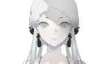  1girl bare_shoulders closed_mouth earrings expressionless green_eyes grey_eyes jewelry light_blush long_hair looking_at_viewer multicolored_eyes navvvtis original pale_skin serious short_bangs short_eyebrows simple_background solo upper_body white_background white_hair 
