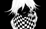  1boy checkered_clothes checkered_scarf danganronpa_(series) danganronpa_v3:_killing_harmony evil_smile flipped_hair hair_between_eyes half-closed_eyes highres jacket male_focus medium_hair oma_kokichi portrait scarf smile solo teeth violet_eyes wa_noko 