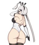  1girl absurdres animal_ears ass back black_blindfold black_headband blindfold breasts closed_mouth curvy headband highres holding holding_sword holding_weapon large_breasts looking_at_viewer looking_back nier:automata nier_(series) playboy_bunny potatoartox rabbit rabbit_ears short_hair simple_background solo standing sword thick_thighs thigh-highs thighs weapon white_background white_hair yorha yorha_no._2_type_b 