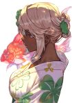  1girl alternate_costume blonde_hair breasts closed_mouth clover clover_print dark-skinned_female dark_skin fish floral_print four-leaf_clover from_side goldfish guilty_gear guilty_gear_xrd hair_bun hair_ornament hair_up hankuri japanese_clothes kimono large_breasts long_hair looking_to_the_side orange_eyes portrait profile ramlethal_valentine simple_background single_hair_bun solo white_background white_hair white_kimono 