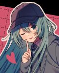  1girl :p baseball_cap black_headwear blue_eyes blue_hair blue_nails blue_necktie blush closed_mouth collared_shirt cropped drawstring edward-el grey_hoodie hair_between_eyes hat hatsune_miku heart highres hood hood_down hoodie index_finger_raised long_hair looking_at_viewer nail_polish necktie one_eye_closed portrait raised_eyebrows shadow shirt sidelocks smile solo straight_hair tongue tongue_out vocaloid watermark white_shirt 