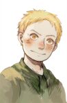  1boy aged_down blonde_hair blush green_shirt looking_at_viewer male_child male_focus nose_blush portrait prema-ja reiner_braun shingeki_no_kyojin shirt short_hair smile solo yellow_eyes 