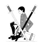  1boy boots cross crossed_swords freckles from_side full_body greyscale kaos_(kkkakao) knee_boots long_sideburns looking_at_viewer looking_to_the_side male_focus marco_bodt monochrome official_style on_one_knee paradis_military_uniform shingeki_no_kyojin short_hair sideburns sideways_glance sitting smile solo sword three-dimensional_maneuver_gear weapon 