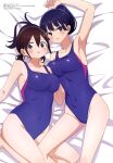  2girls absurdres boku_no_kokoro_no_yabai_yatsu breast_press breasts covered_navel highres large_breasts looking_at_viewer magazine_scan megami_magazine mole mole_on_neck mole_on_thigh multiple_girls non-web_source official_art one-piece_swimsuit plump scan swimsuit thighs yamada_anna 