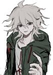  1boy :d absurdres ahoge collarbone danganronpa_(series) danganronpa_2:_goodbye_despair green_jacket grey_hair grey_shirt hair_between_eyes hand_up highres jacket komaeda_nagito long_sleeves medium_hair messy_hair open_clothes open_jacket print_shirt shirt simple_background smile solo teeth upper_teeth_only wa_noko white_background 