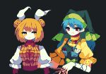  2girls 4qw5 apron armor armored_dress black_background blonde_hair blue_hair blue_wristband blunt_bangs blush bow breast_pocket breasts bright_pupils double_bun dress flower frilled_dress frilled_headwear frilled_sleeves frills green_apron green_headwear green_ribbon hair_bun hair_ribbon haniwa_(statue) haniyasushin_keiki hat holding holding_brush jewelry joutouguu_mayumi long_hair looking_at_another looking_at_viewer magatama magatama_necklace medium_breasts medium_hair multiple_girls necklace pixel_art pocket puffy_short_sleeves puffy_sleeves ribbon shirt short_sleeves simple_background smile teeth touhou turtleneck violet_eyes white_flower white_pupils white_ribbon white_shirt wristband yellow_dress yellow_eyes 