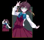  1girl black_background blue_bow blue_bowtie bow bowtie brown_hair cazanera closed_mouth glasses green_eyes kantai_collection long_sleeves looking_at_viewer medium_hair multiple_views okinami_(kancolle) pleated_skirt red_skirt shirt sidelocks skirt smile white_shirt 