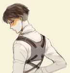  1boy brown_hair collared_shirt from_side frown levi_(shingeki_no_kyojin) looking_to_the_side male_focus prema-ja shaded_face shingeki_no_kyojin shirt short_hair sideways_glance solo three-dimensional_maneuver_gear white_background 