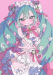  1girl absurdres blush bow bowtie commentary detached_sleeves dress flower food-themed_hair_ornament foreshortening green_eyes green_hair hair_flower hair_ornament hakudaku hatsune_miku highres long_hair open_mouth outstretched_arm pink_background pink_bow pink_bowtie reaching reaching_towards_viewer simple_background solo strawberry_hair_ornament strawberry_miku_(morikura) treble_clef twintails vocaloid white_dress 