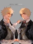  2boys ascot at_knifepoint black_ascot black_gloves black_jacket blade_to_throat blonde_hair brooch character_name closed_mouth collared_shirt dual_persona expressionless eye_contact fate/grand_order fate_(series) glasses gloves grey_background grey_eyes grey_vest grin hair_between_eyes half_gloves hand_on_another&#039;s_neck highres holding holding_knife irorigumi jacket jacket_on_shoulders jekyll_and_hyde_(fate) jewelry knife looking_at_another male_focus multiple_boys palms_together red_eyes shirt short_hair simple_background single_glove smile spiky_hair symmetry upper_body vest white_shirt 