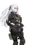 1girl ak-12_(girls&#039;_frontline) alternate_costume black_pants braid expressionless feet_out_of_frame french_braid girls_frontline grey_hair gun handgun highres long_hair looking_at_viewer looking_back midriff military mutugorou_u pants parted_lips simple_background solo standing tactical_clothes unusually_open_eyes violet_eyes weapon white_background 