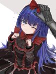  +_- 1girl bangs black_dress black_souls blue_eyes blue_hair blush bow breasts closed_mouth dress eyebrows_visible_through_hair eyelashes_visible_through_hair frilled_dress frills gauntlets hand_on_another&amp;#039;s_head hand_on_head head_bow headpat highres long_sleeves mabel_(black_souls) me44856 one_eye_closed patting_head red_bow red_frills simple_background small_breasts solo_focus symbol-shaped_pupils thin_eyebrows very_long_hair 