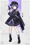  1girl alternate_costume black_cape black_dress black_footwear black_headwear blue_hair cape dress earrings epaulettes full_body gun highres holding holding_gun holding_weapon jewelry koshimizu_toru nijisanji pink_eyes short_hair socks solo waka_(wk4444) weapon 