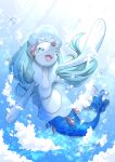  :d air_bubble blue_eyes bubble commentary_request fangs full_body happy morisawa_machi no_humans open_mouth pokemon pokemon_(creature) primarina smile solo tongue underwater 