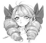  1girl bow greyscale gwen_(league_of_legends) hair_bow hair_ornament league_of_legends long_hair low_twintails lowres monochrome neko-me-kun signature solo symbol_in_eye teeth twintails 