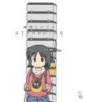  1girl backpack bag black_eyes black_fur black_hair cargo cat closed_mouth death_stranding denim gaketsu highres jacket jeans long_sleeves looking_at_viewer nichijou pants parody red_scarf robot sakamoto_(nichijou) scarf shinonome_nano simple_background smile white_background 