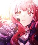  1girl citrine_11 facial_mark fire_emblem fire_emblem_engage hair_ornament happy_birthday highres long_hair looking_at_viewer open_mouth red_eyes redhead solo star_(symbol) star_hair_ornament sunlight tearing_up tears white_background yunaka_(fire_emblem) 