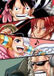  1girl 3boys absurdres black_cape black_hair cape closed_mouth facial_hair father_and_daughter gordon_(one_piece) grey_hair hair_over_one_eye hat headphones highres holding holding_sword holding_weapon long_hair monkey_d._luffy multicolored_hair multiple_boys musical_note one_eye_covered one_piece one_piece_film:_red pirate_hat redhead riku_(rikuw223xx) scar scar_across_eye scar_on_cheek scar_on_face shanks_(one_piece) short_hair smile sunglasses sword teeth twintails two-tone_hair uta_(one_piece) violet_eyes weapon 