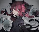 1girl :3 :d animal_ears ascot bandaged_tail bandaid bandaid_on_face black_bow black_dress bow braid cat_ears cat_girl cat_tail dress fang hair_between_eyes hair_bow highres hitodama juliet_sleeves kaenbyou_rin long_hair long_sleeves looking_at_viewer multiple_tails open_mouth puffy_sleeves red_ascot red_eyes redhead smile solo soresaki tail touhou twin_braids two_tails upper_body 