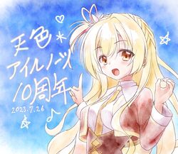  1girl 2023 :d amairo_islenauts anniversary between_breasts blonde_hair blurry blurry_background blush braid breasts brown_eyes commentary_request cropped_jacket crown_braid dated hair_between_eyes hair_ribbon hands_up highres index_finger_raised jacket large_breasts long_hair long_sleeves looking_at_viewer musical_note necktie necktie_between_breasts one_side_up open_clothes open_jacket open_mouth pastel_colors pink_ribbon red_jacket ribbon school_uniform sesen2000 shirley_warwick shirt simple_background smile solo star_(symbol) translation_request upper_body very_long_hair white_shirt yellow_necktie 