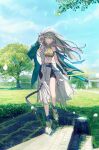 1girl arknights belt black_shorts blue_belt blue_coat blue_sky blue_socks building cloak coat commentary crop_top facial_mark falling_petals fartooth_(arknights) fartooth_(hear_the_wind_sing)_(arknights) full_body grass green_belt grey_hair hand_up highres long_hair looking_at_viewer low-cut_armhole matsuoka_(mtok_0) multiple_belts official_alternate_costume outdoors path petals shirt shoes shorts sky sneakers socks solo tree white_cloak white_footwear white_headwear yellow_eyes yellow_shirt 