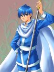  1boy blue_coat blue_eyes blue_hair cape coat commentary_request finn_(fire_emblem) fire_emblem fire_emblem:_genealogy_of_the_holy_war fire_emblem:_thracia_776 hand_on_own_hip holding holding_polearm holding_weapon looking_at_viewer okumi polearm smile solo spear standing weapon white_cape 