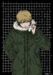  1boy black_background blonde_hair chainsaw_man denji_(chainsaw_man) fur-trimmed_hood fur_trim green_hoodie grid_background hand_in_pocket highres hood hoodie looking_at_viewer nenashibito short_hair solo winter_clothes 