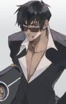  1boy black_hair black_jacket blue_eyes cigarette closed_mouth collared_shirt cowboy_shot facial_hair grey_background highres holding jacket long_sleeves looking_at_viewer male_focus mouth_hold nicholas_d._wolfwood shirt short_hair simple_background smile solo standing sunglasses trigun tte_(t_ombi) white_shirt 