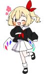  1girl alternate_costume black_footwear black_shirt blonde_hair blush_stickers fang flandre_scarlet full_body hair_between_eyes highres leg_up long_sleeves looking_at_viewer mary_janes medium_hair multicolored_wings neckerchief one_eye_closed one_side_up open_mouth pino5563 pleated_skirt red_neckerchief sailor_collar shirt shoes simple_background skirt sleeves_past_fingers sleeves_past_wrists socks solid_oval_eyes solo standing standing_on_one_leg touhou white_background white_sailor_collar white_skirt white_socks wings 