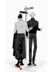  2boys black_footwear black_hair black_jacket black_pants collared_shirt facing_away full_body getou_suguru gojou_satoru hair_bun hand_on_another&#039;s_back highres holding holding_clothes holding_jacket jacket jujutsu_kaisen long_sleeves male_focus moiko_(saitooooouum) multiple_boys pants pointing shirt shoes short_hair sign signpost simple_background standing white_background white_hair white_shirt 