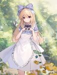  1girl absurdres alice_(black_souls) apron black_souls blonde_hair day dress forest highres long_hair looking_at_viewer nandou_zhen nature outdoors puffy_short_sleeves puffy_sleeves short_sleeves solo standing violet_eyes white_apron 